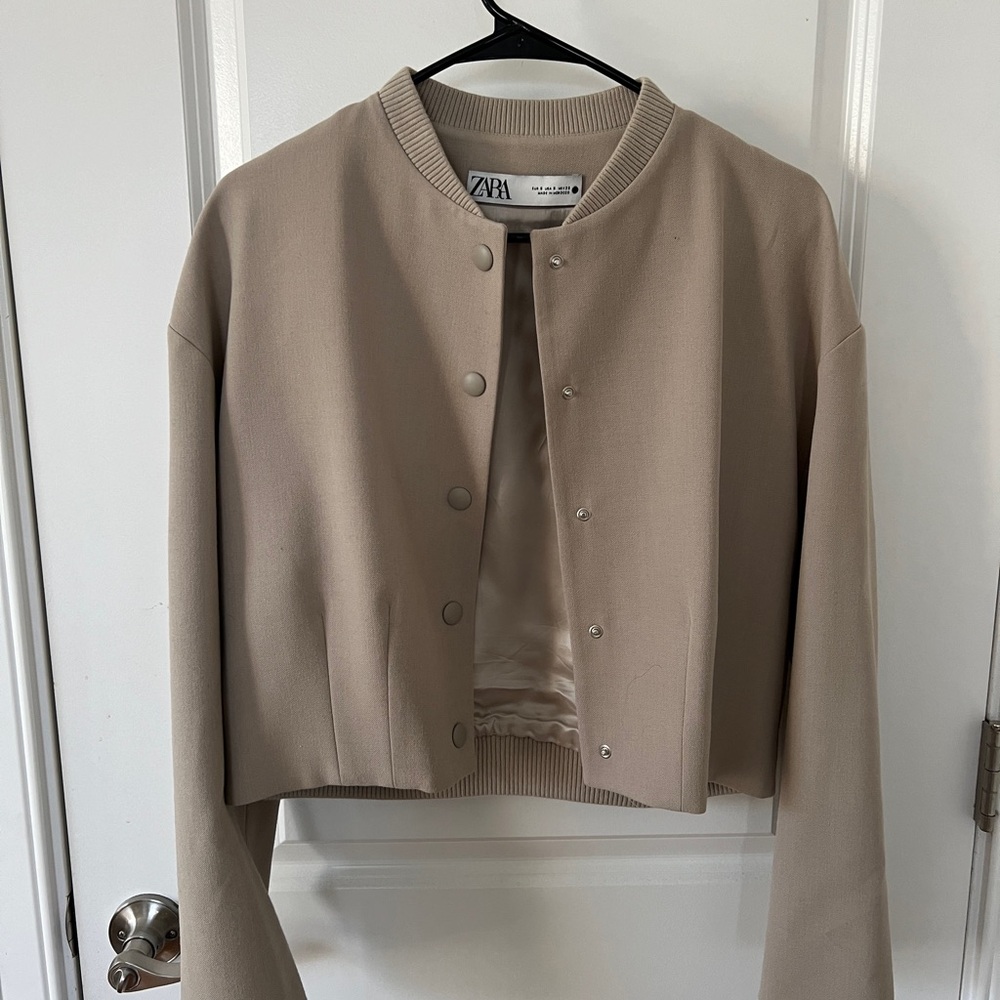 Zara Women's Tan Stone Cropped Bomber Jacket - S